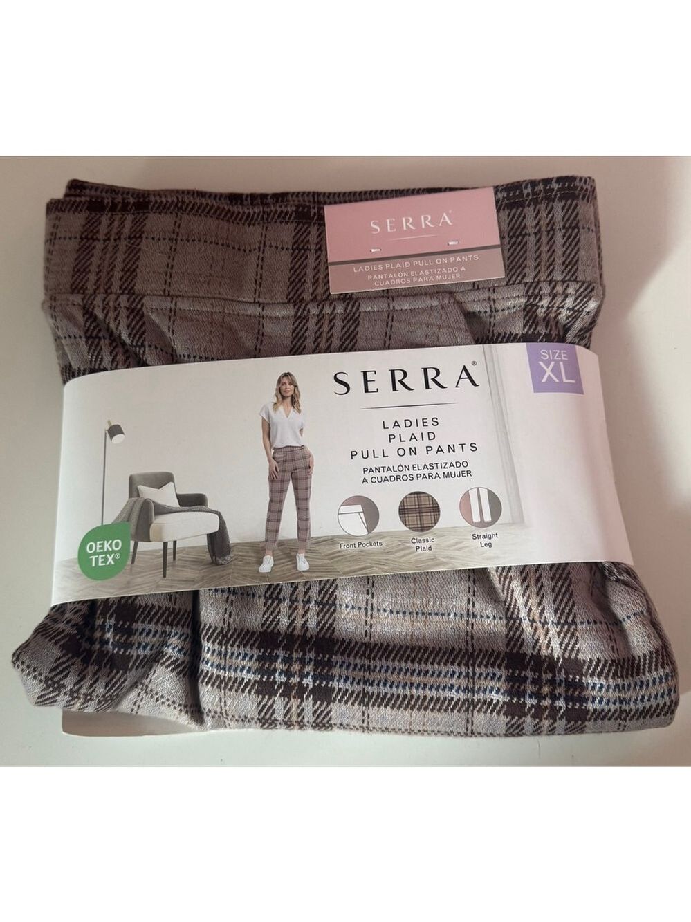 Women's Serra Plaid Pull On Pants XL Brown Blue